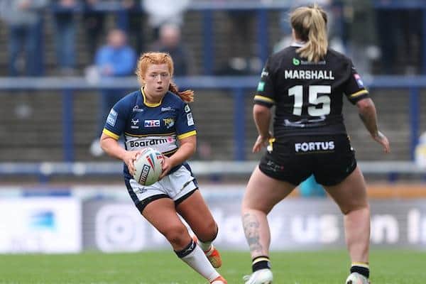 Amy Hardcastle reckons young players like Caitlin Casey, pictured on the ball for Rhinos against York, will benefit next year from their experiences in 2023. Picture by John Clifton/SWpix.com.