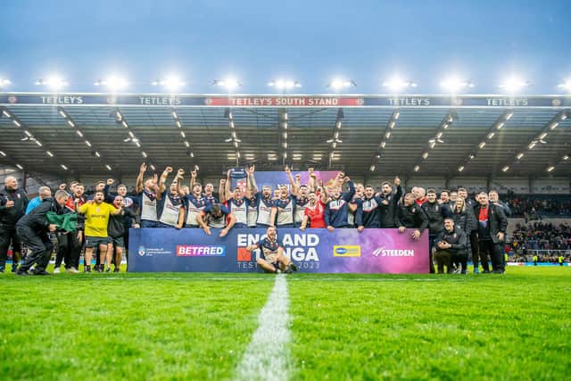 England celebrate their Test series victory over Tonga at AMT Headingley last November. Picture by Allan McKenzie/SWpix.com.