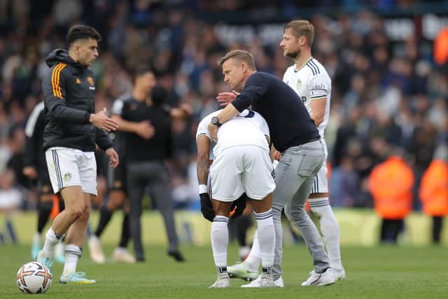 HELPING HAND: Leeds United boss Jesse Marsch embraces Crysencio Summerville after October's defeat against Arsenal at Elland Road. Three months on, Summerville is Marsch's new 'star pupil'. Photo by Alex Pantling/Getty Images.