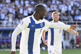 Finland's midfielder Glen Kamara (L) celebrates scoring the opening goal with his teammates during the UEFA Euro 2024 group H qualification football match between Finland and San Marino in Helsinki on June 19, 2023. (Photo by Jussi Nukari / Lehtikuva / AFP) / Finland OUT (Photo by JUSSI NUKARI/Lehtikuva/AFP via Getty Images)