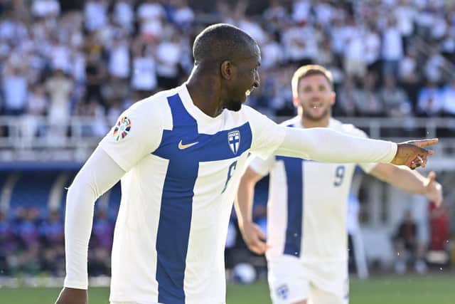 Finland's midfielder Glen Kamara (L) celebrates scoring the opening goal with his teammates during the UEFA Euro 2024 group H qualification football match between Finland and San Marino in Helsinki on June 19, 2023. (Photo by Jussi Nukari / Lehtikuva / AFP) / Finland OUT (Photo by JUSSI NUKARI/Lehtikuva/AFP via Getty Images)