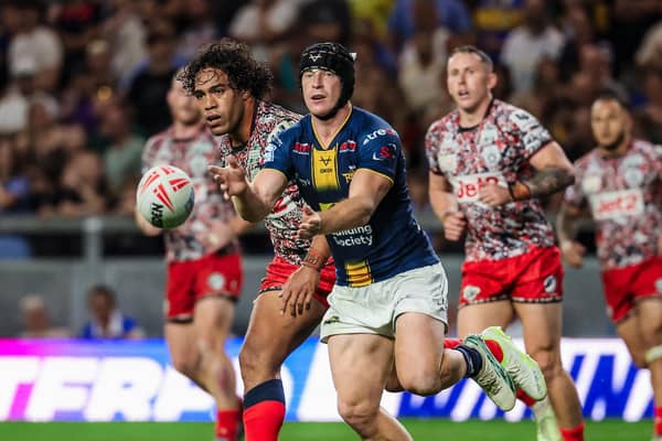 Playmaker: Lachie Miller of Leeds Rhinos conducts an attack in the recent game with Leigh Leopards. Former Rhino Gareth Ellis thinks they will miss his creativity in the play-offs.