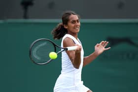 Naiktha Bains  in action against Storm Hunter and Elise Mertens during the Ladies' doubles quarter final match on day ten of the 2023 Wimbledon Championships (Picture: Bradley Collyer/PA Wire)