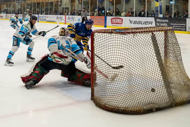 SECONDS OUT: Matt Haywood pings home a rebound to make it 2-0 to Leeds Knights against Bristol Pitbulls at Elland Road on Sunday. Picture: Alistair How/Knights Media.