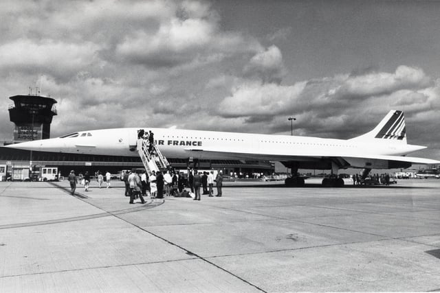 Concorde after its first historic touch down at Leeds and Bradford Airport in August 1986.