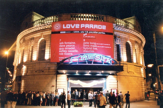 The Majestyk Nighclub on City Square, showing a line of people queueing up outside for an event in June 2000 held in conjunction with the Love Parade festival at Roundhay Park.