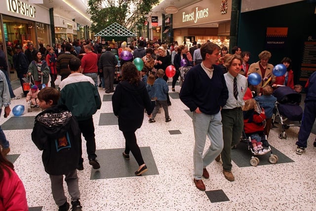 Shoppers at the White Rose Shopping Centre which opened to the public for the first time in March 1997.