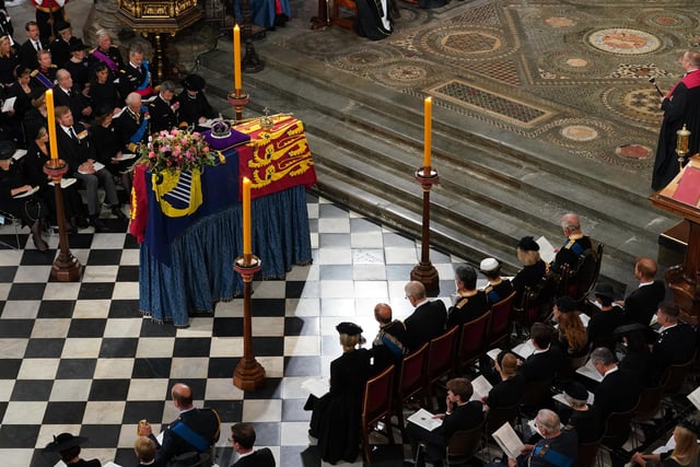 General view of the coffin placed near the altar at Westminster Abbey