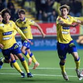ABORTED MOVE - Sint-Truidense VV defender and recent Leeds United transfer target Daiki Hashioka celebrates after scoring a goal during a Belgian ProLeague first division football match against RWD Molenbeek. Pic: VIRGINIE LEFOUR/Belga/AFP via Getty Images