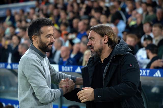 POINTS SHARED - Carlos Corberan of West Brom and Leeds United boss Daniel Farke had to be content with a 1-1 draw at Elland Road. Pic: Bruce Rollinson