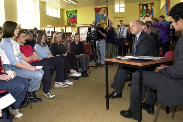 William Hague, the former Conservative Party leader, pictured during a question and answer session in May 2001, with the pupils of Pudsey Grangefield High School.