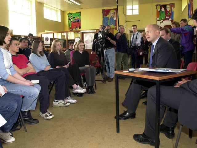 William Hague, the former Conservative Party leader, pictured during a question and answer session in May 2001, with the pupils of Pudsey Grangefield High School.