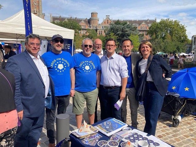 Amongst visitors to Leeds for Europe’s stall at Braderie de Lille was Mayor of Lille Arnaud Deslandes (fifth left). Contributor Peter Packham is third left.