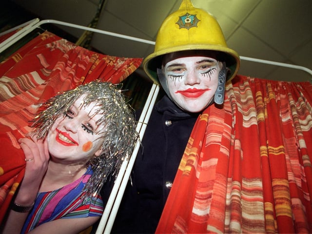 Knottingley High School students Gemma White and James Hargreaveswere taking part in a fire safety pantomime for the pupils of Pontefract's Throstle Farm School in December 1997.
