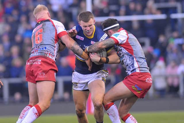 Ash Handley is closed down during Rhinos' game at Leigh two weeks ago. Picture by Steve Riding.