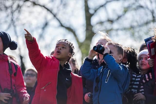 Children using binoculars on an RSPB nature reserve school trip