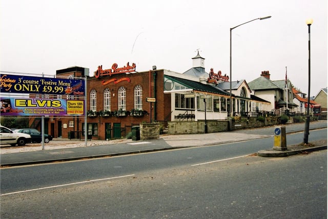 Harry Ramsden's fish and chip restaurant on Otley Road in Guiseley pictured in October 2003. Huge advertising boards promote a Christmas party, three course festive menu only £9.99 and an evening entitled Elvis - enjoy an evening with a tribute to the King of Rock 'n' Roll.