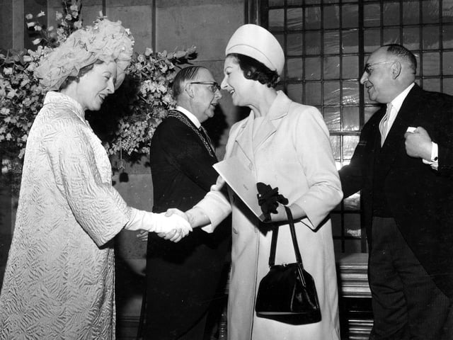The outgoing Lord Mayor and Lady Mayoress of Leeds, Alderman Joshua S. Walsh and his wife, on the right, shake hands with the new Lord Mayor and Lady Mayoress, Colonel Lawrence Turnbull and his wife Mrs Betty Turnbull, left, outside the Civic Hall on Lord Mayor's Day in May 1967. Colonel Turnbull, who received the Military Cross during World War 2, was the head of Turnbulls, Leeds removal and storage contractors; he was also a Leeds Magistrate, and represented Harehills ward until becoming an Alderman in March 1967.