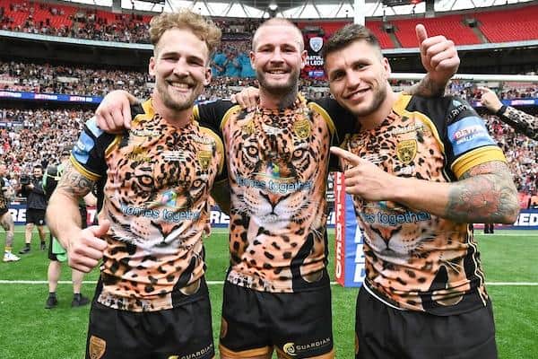 Former Rhinos Zak Hardaker, middle and Tom Briscoe, right - pictured alongside Leigh teammate Ben Reynolds - were Wembley winners again in the Challenge Cup finaol against Hull KR. Picture by Matthew Merrick/SWpix.com.