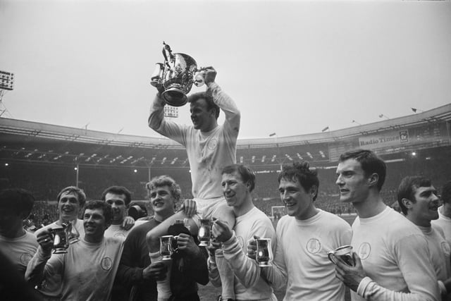Leeds United FC captain Billy Bremner and teammates after winning the  Football League Cup Final against Arsenal FC, Wembley Stadium, London, UK, 2nd March 1968. (Photo by Larry Ellis/Daily Express/Hulton Archive/Getty Images)
