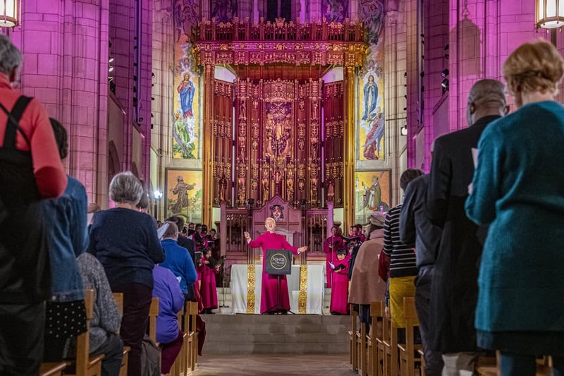 Thomas Leech, director of the Schools Singing Programme at Diocese of Leeds, leads the congregation  attending  the ever-popular BBC One programme, Songs of Praise,  filmed at Leeds Cathedral in March 2022.