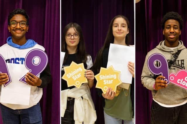 (L-R) Sadgun Sri Chandrapatla, Catalina and Madalina Mitran, and Tobi Dairo celebrate GCSE results