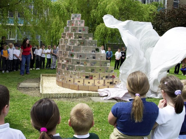 The Secret Garden sculpture, created by artists Jennifer Bassham and Michael Day unveiled for local school children at the East Leeds Family Learning Centre, Seacroft , on June 18, 2001.