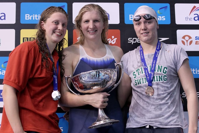 Rebecca Turner, Rebecca Adlington and Lucy Ellis pose on the podium after the Women's 200m Freestyle final during the British Gas ASA National Championships at Ponds Forge in 2012.