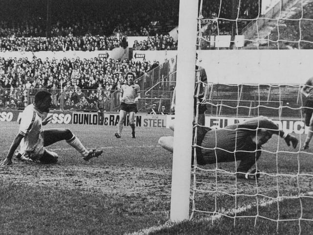 Striker Terry Connor scores the first goal during the Divisiion One clash against Wolves at Elland Road in December 1979. Leeds won 3-0.