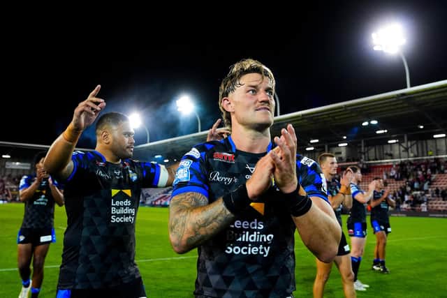 Chris Hankinson - right, seen celebrating last week's win at Leigh Leopards - will be a good signing for Leeds Rhinos, his teammate Ash Handley reckons. Picture by Olly Hassell/SWpix.com.