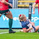 Leeds'; Amu Hardcastle scores for England in the 60-0 win over Wales at Headingley. Picture by Allan McKenzie/SWpix.com.
