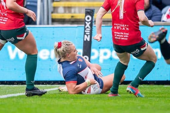 Leeds'; Amu Hardcastle scores for England in the 60-0 win over Wales at Headingley. Picture by Allan McKenzie/SWpix.com.