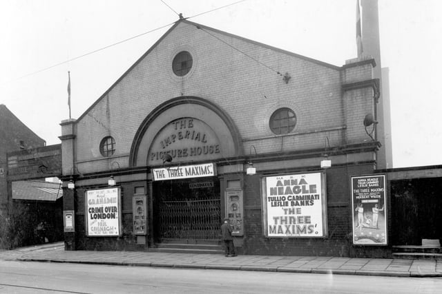 The Imperial Picture House on Kirkstall Road in August 1937. It opened on September 1, 1913 and seated 700 people. In this view the film showing was Anna Neagle in 'The three Maxims' It was closed on May 22, 1940, the last film shown was 'The Girl From Mexico' starring Lupe Valez.
