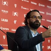 Sevilla's president Jose Castro (L) and Sevilla's sports director Victor Orta attend the presentation of Swiss midfielder Djibril Sow on August 8, 2023 at the Ramon Sanchez Pizjuan stadium in Seville. (Photo by CRISTINA QUICLER / AFP) (Photo by CRISTINA QUICLER/AFP via Getty Images)