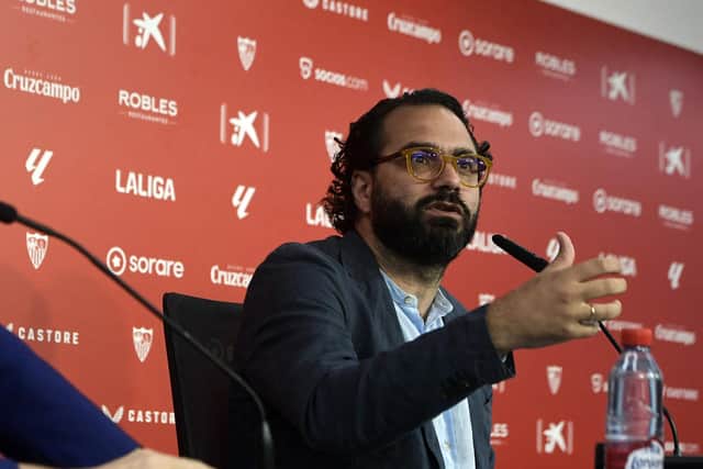 Sevilla's president Jose Castro (L) and Sevilla's sports director Victor Orta attend the presentation of Swiss midfielder Djibril Sow on August 8, 2023 at the Ramon Sanchez Pizjuan stadium in Seville. (Photo by CRISTINA QUICLER / AFP) (Photo by CRISTINA QUICLER/AFP via Getty Images)