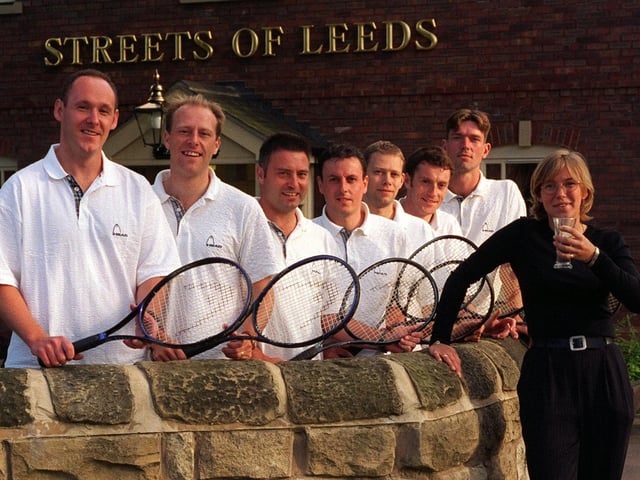 Streets of Leeds pub sponsored Roundhay tennis team in August 1997. Pictured, from left, are Richard Palmer-Jones, Mike Kasher, Neil Hillerby (captain), Neil Hamer, James Hodgeson, Chris Hobbs and Matthew McTurk with pub manageress Tanya Besford.