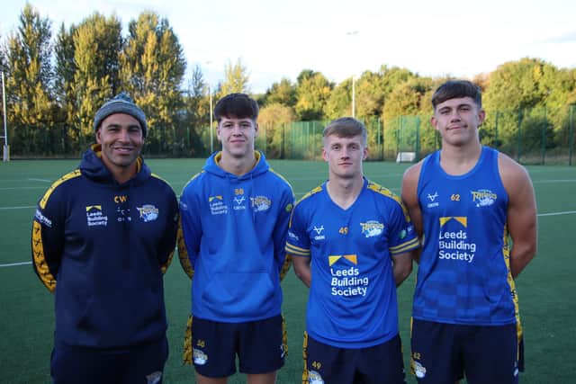 Alfie Edgell, third from left, with Rhinos assistant-coach Chev Walker and fellow academy graduates Riley Lumb and Jack Smith. Picture by Leeds Rhinos.