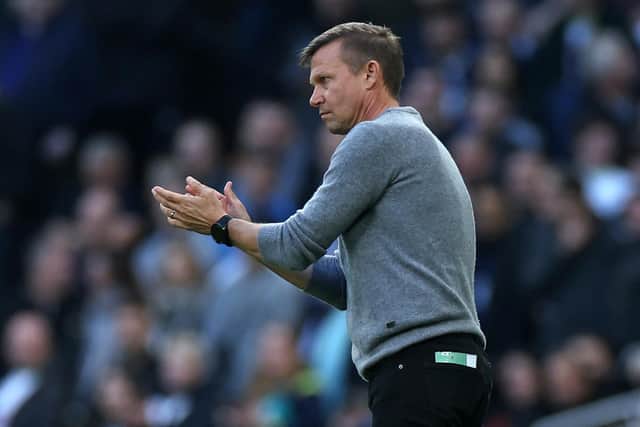 ENCOURAGEMENT: From Leeds United head coach Jesse Marsch during Saturday's Premier League defeat at Tottenham Hotspur. 
Photo by ISABEL INFANTES/AFP via Getty Images.