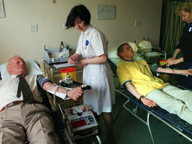 The scene at Leeds Blood Centre in Seacroft as donors Colin Ash and Phil Sunderland give their blood.