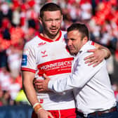 Hull KR's James Batchelor with coach Willie Peters after the Challenge Cup semi-final win against Warrington Wolves. Picture by Allan McKenzie/SWpix.com.