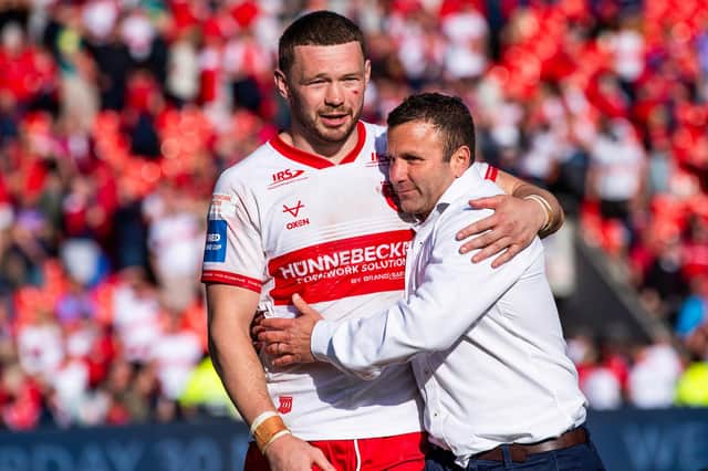 Hull KR's James Batchelor with coach Willie Peters after the Challenge Cup semi-final win against Warrington Wolves. Picture by Allan McKenzie/SWpix.com.