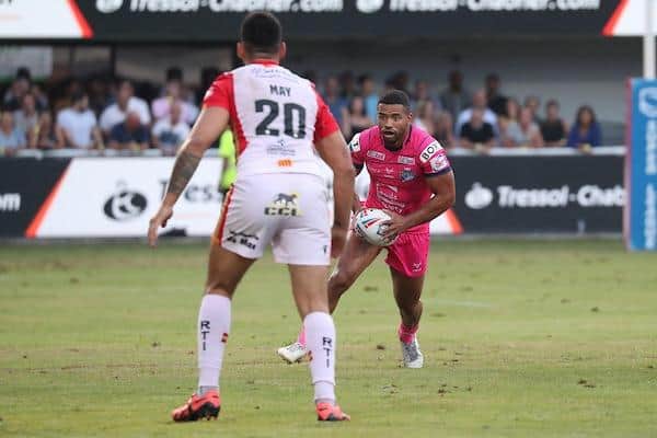 Kruise Leeming on the ball for Rhinos in last week's defeat at Catalans. Picture by Manuel Blondeau/SWpix.com.