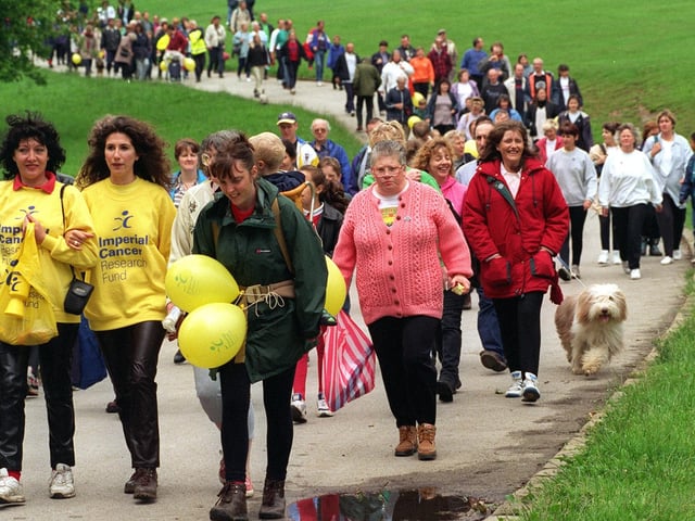 Coronation Street actress Gaynor Faye leads the way in the Imperial Cancer Research Fund Walk for a Cure at Roundhay Park in June 1997.