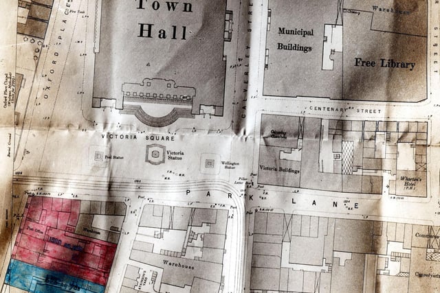 Plan of Town Hall area of Leeds city centre, including part of Park Square in July 1911. It was drawn up for proposed tramway offices.