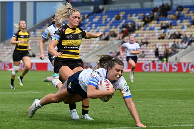 Nicole Kennedy scores for Leeds Rhinos in last month's 18-14 defeat at York Valkyrie. Picture by Matthew Merrick/SWpix.com.