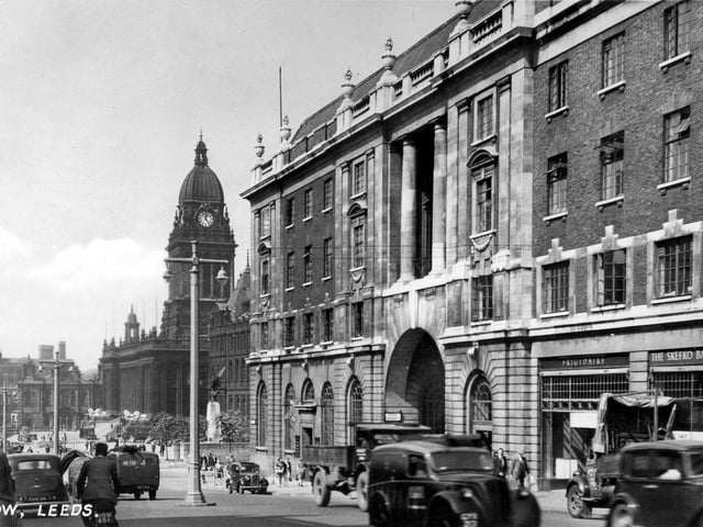 Looking west showing the Town Hall in 1947. The impressive building in white portland stone with arched windows is Permanent House on the corner with Cookridge Street. It opened on 15th May 1930 and was part of the new design for The Headrow when the road was considerably widened and altered. The Skefko Ball Bearing Co.Ltd. is on the right.