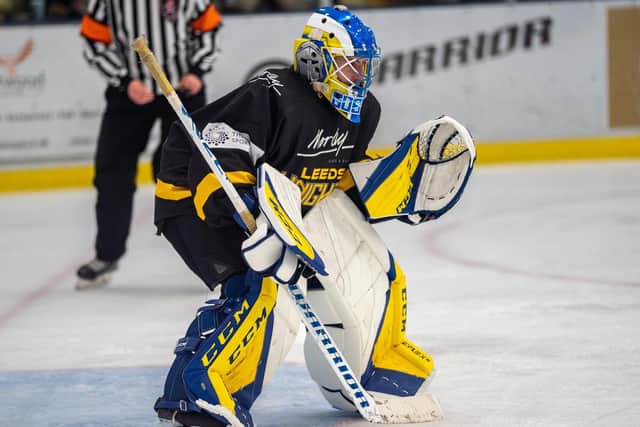 TOUGH NIGHT: Leeds Knights' goaltender Sam Gospel was beaten six times as National Cup final opponents Peterborough enjoyed a first leg romp on home ice.
Oliver Portamento