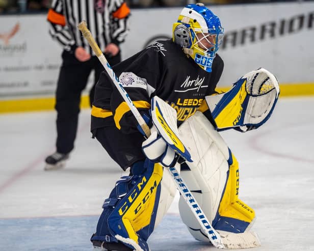 TOUGH NIGHT: Leeds Knights' goaltender Sam Gospel was beaten six times as National Cup final opponents Peterborough enjoyed a first leg romp on home ice.
Oliver Portamento