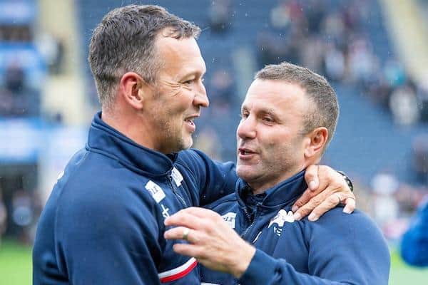 Danny McGuire, left, with Hull KR coach Willie Peters after the golden-point semi-final victory over Wigan at Headingley. Picture by Allan McKenzie/SWpix.com.