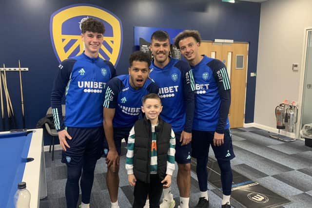 SPECIAL VISIT - Noah Owen, pictured with Leeds United stars Archie Gray, Georginio Rutter, Joel Piroe and Ethan Ampadu at Thorp Arch training ground.